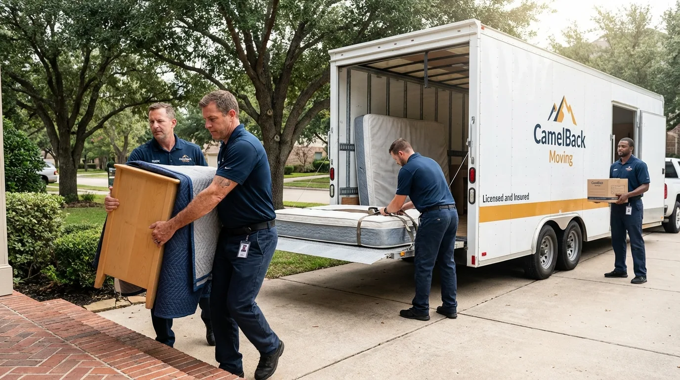 Crew loading residential truck for cross-state move from Riverbank, CA