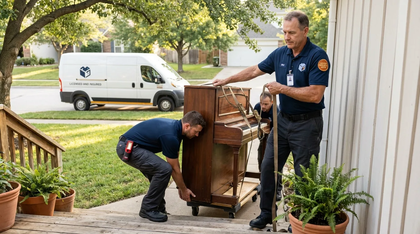 Licensed piano movers securing grand piano in Riverbank, CA