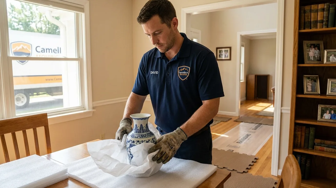 Professional crew carefully wrapping antique vase for senior downsizing move in Riverbank, CA